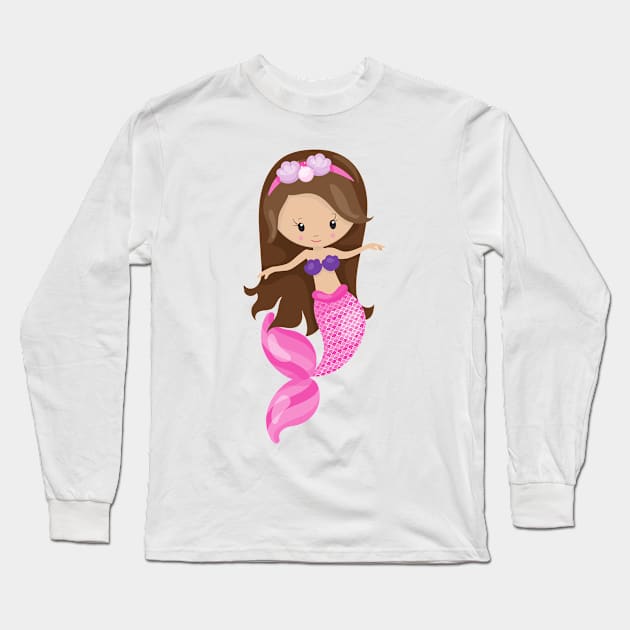 Little Mermaid, Cute Mermaid, Brown Hair, Shells Long Sleeve T-Shirt by Jelena Dunčević